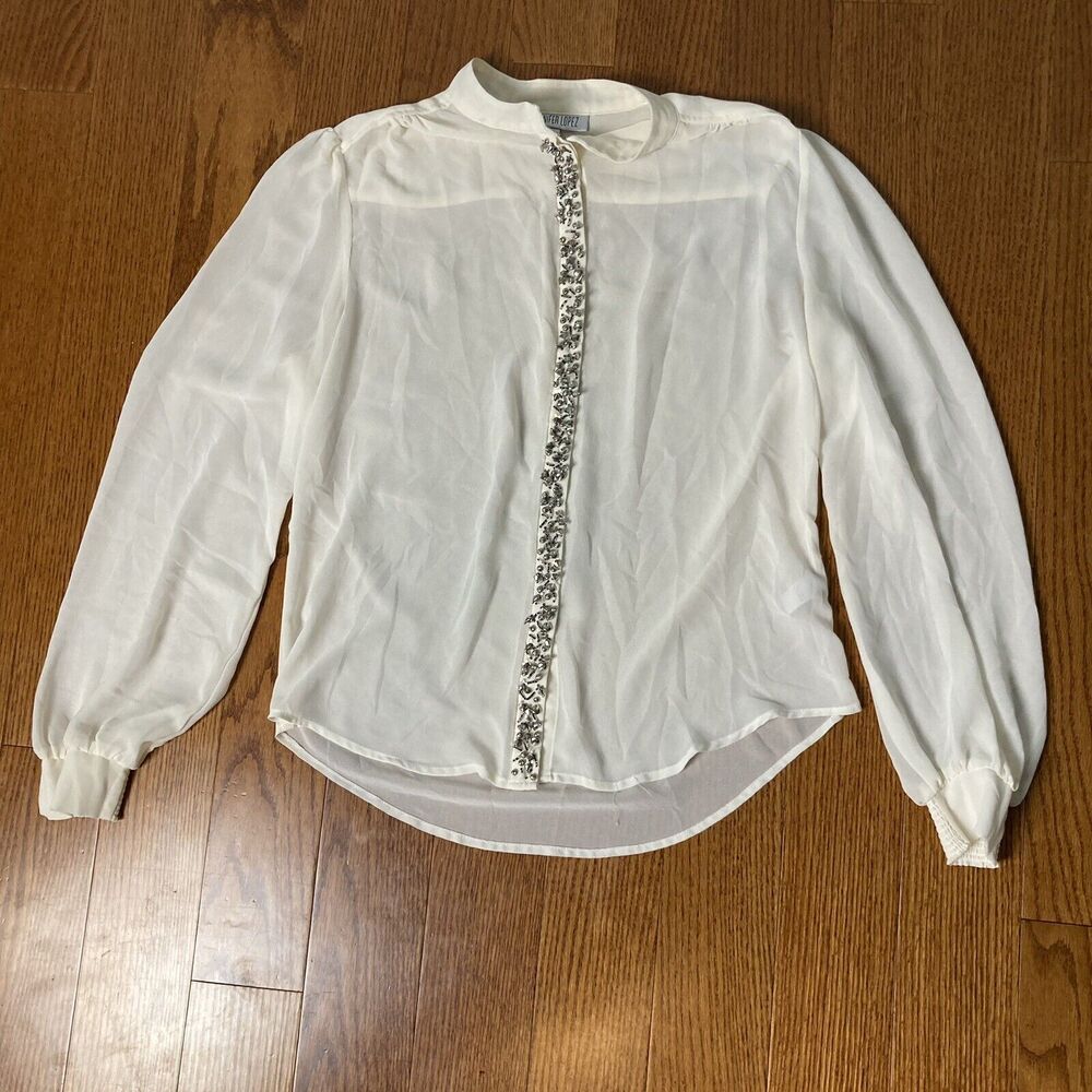 M mesh beaded sheer jacket button up shirt long sleeve Jennifer Lopez